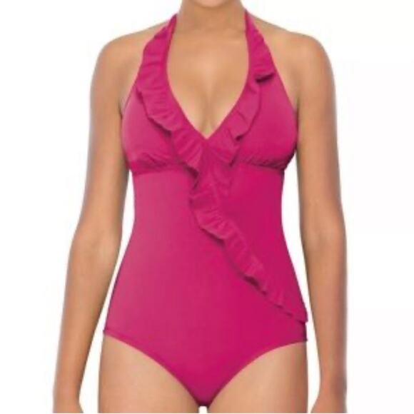 Assets by SPANX Pink V-Neck Ruffle Halter Style Swimsuit Size XL Preppy Vacation - Picture 1 of 7